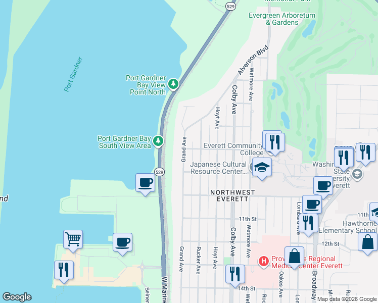 map of restaurants, bars, coffee shops, grocery stores, and more near 801 Grand Ave in Everett