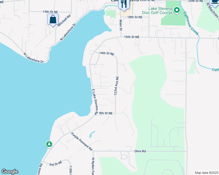 map of restaurants, bars, coffee shops, grocery stores, and more near 1115 122nd Avenue Northeast in Lake Stevens