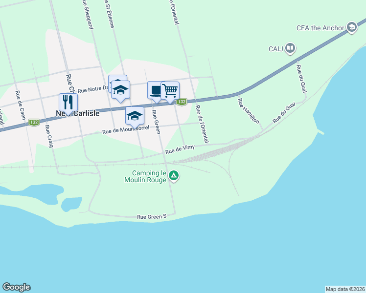 map of restaurants, bars, coffee shops, grocery stores, and more near 25 Rue de Vimy in New Carlisle