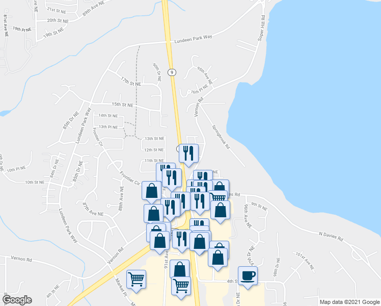 map of restaurants, bars, coffee shops, grocery stores, and more near 9236 11th Place Northeast in Lake Stevens