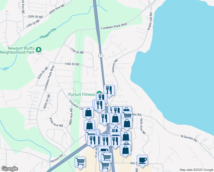map of restaurants, bars, coffee shops, grocery stores, and more near 1220 Vernon Road in Lake Stevens