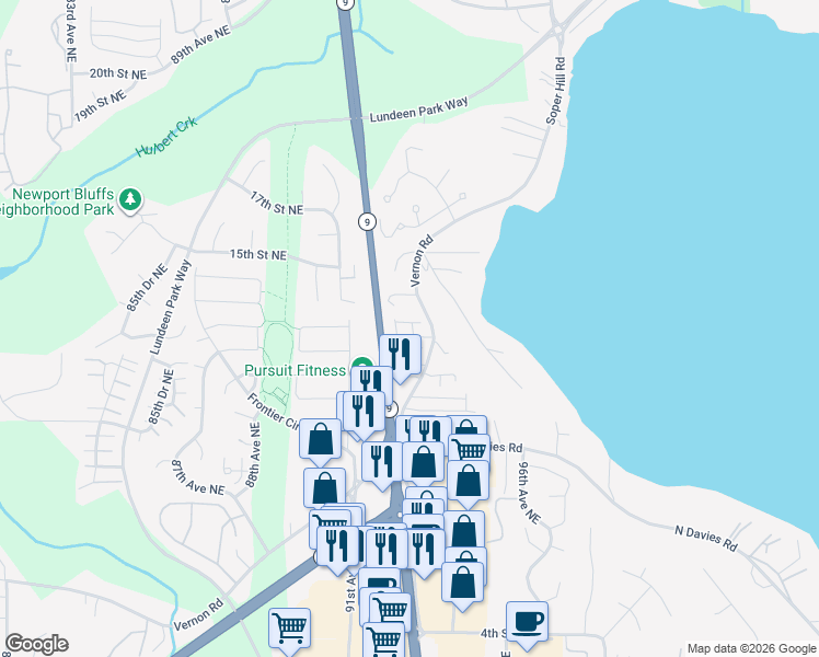 map of restaurants, bars, coffee shops, grocery stores, and more near 1220 Vernon Road in Lake Stevens