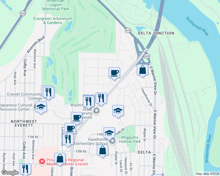 map of restaurants, bars, coffee shops, grocery stores, and more near 702 North Broadway in Everett