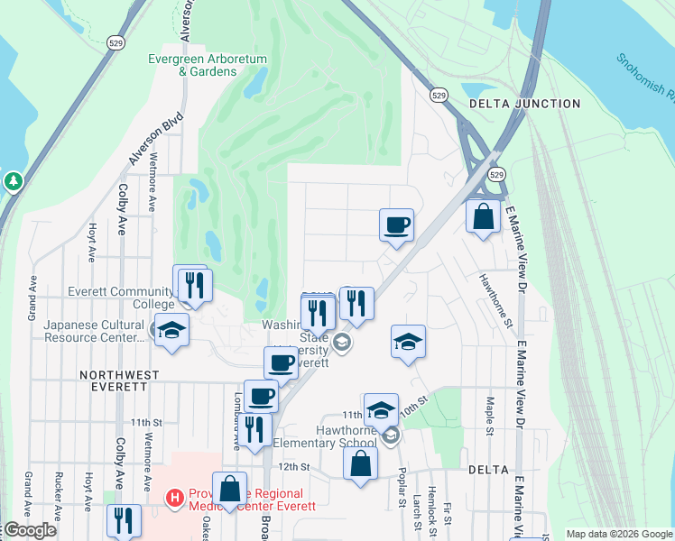 map of restaurants, bars, coffee shops, grocery stores, and more near 2314 8th Street in Everett