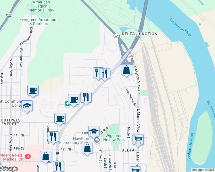 map of restaurants, bars, coffee shops, grocery stores, and more near 2801 7th Street in Everett