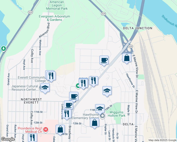 map of restaurants, bars, coffee shops, grocery stores, and more near 2314 8th Street in Everett
