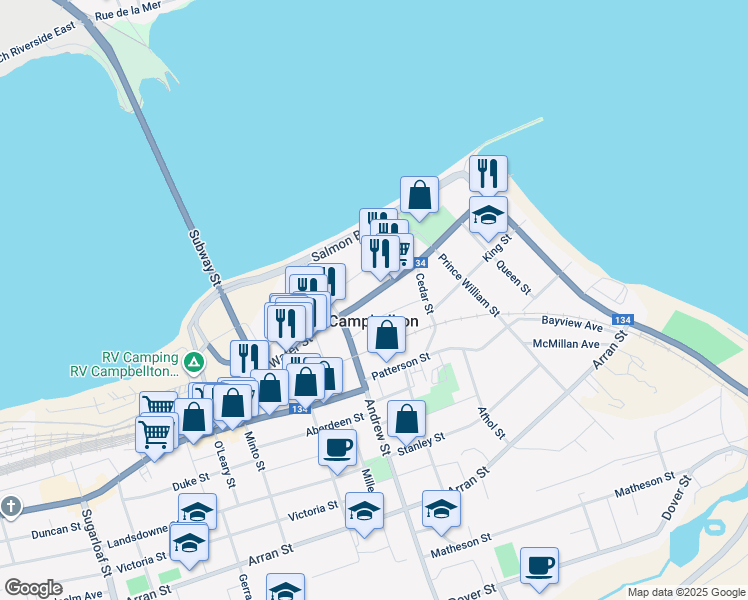 map of restaurants, bars, coffee shops, grocery stores, and more near 86 Water Street in Campbellton