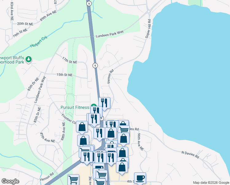 map of restaurants, bars, coffee shops, grocery stores, and more near 1217 Vernon Road in Lake Stevens