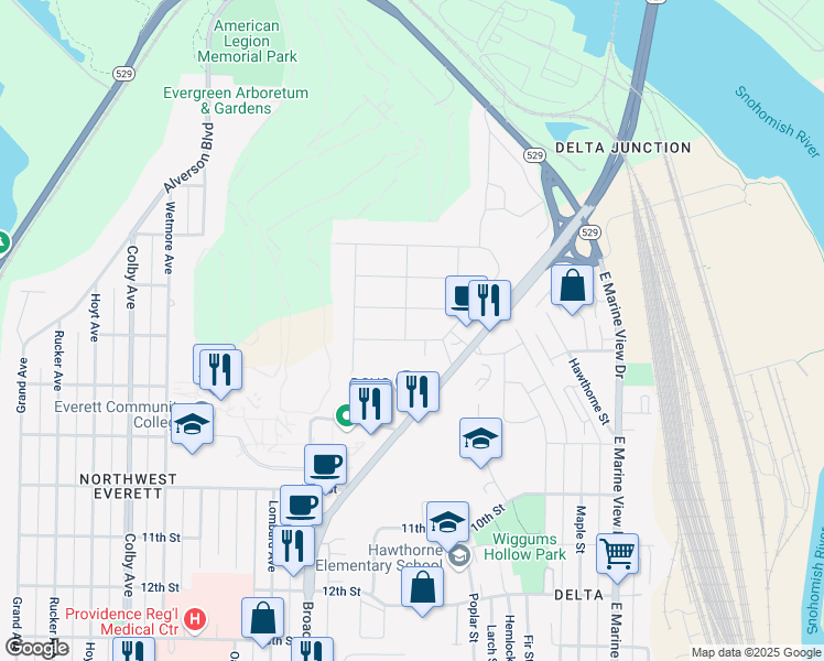map of restaurants, bars, coffee shops, grocery stores, and more near 2316 7th Street in Everett