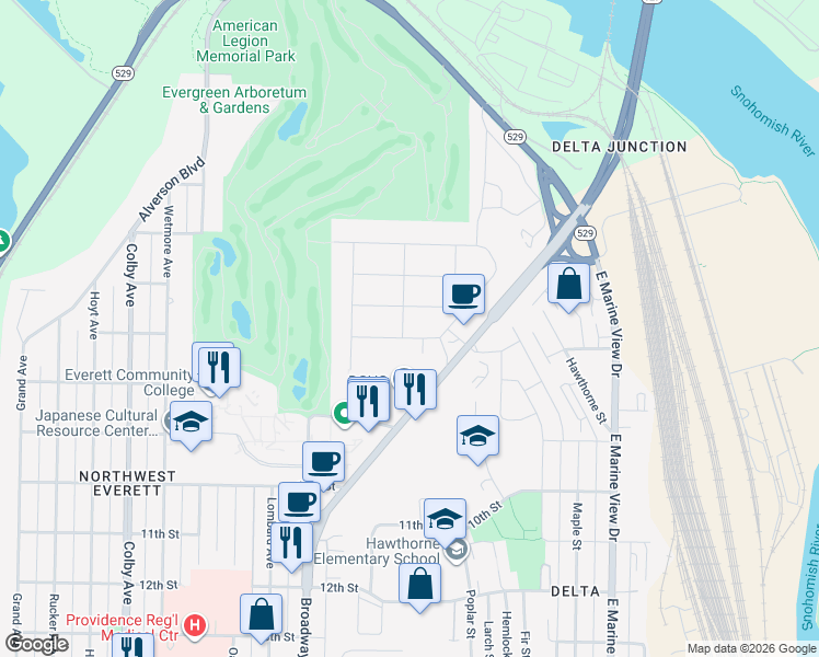 map of restaurants, bars, coffee shops, grocery stores, and more near 2316 7th Street in Everett