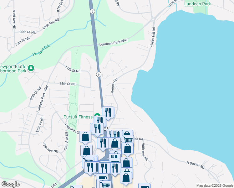 map of restaurants, bars, coffee shops, grocery stores, and more near 1401 Vernon Road in Lake Stevens