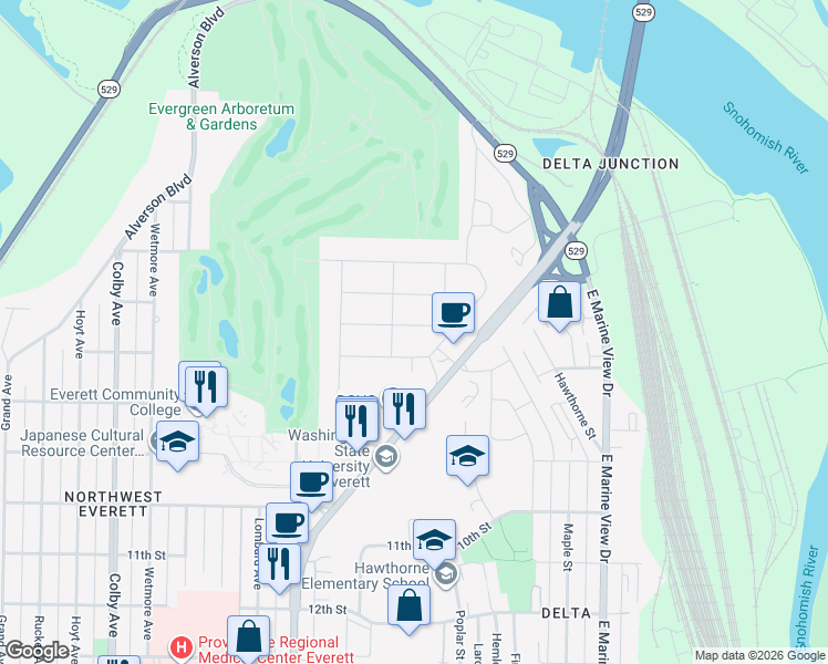 map of restaurants, bars, coffee shops, grocery stores, and more near 2416 7th Street in Everett