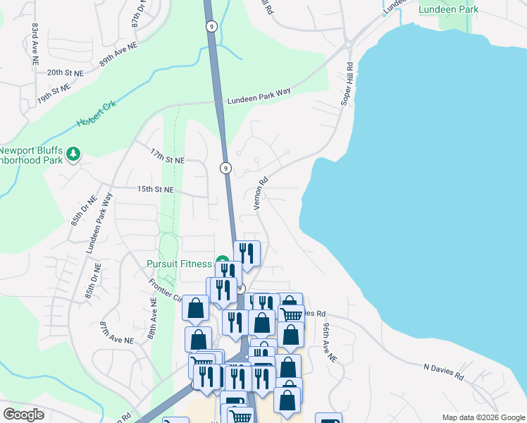 map of restaurants, bars, coffee shops, grocery stores, and more near 1401 Vernon Road in Lake Stevens