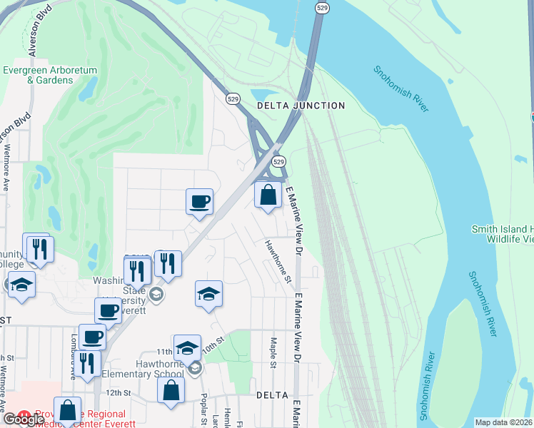 map of restaurants, bars, coffee shops, grocery stores, and more near 2916 Belmonte Lane in Everett