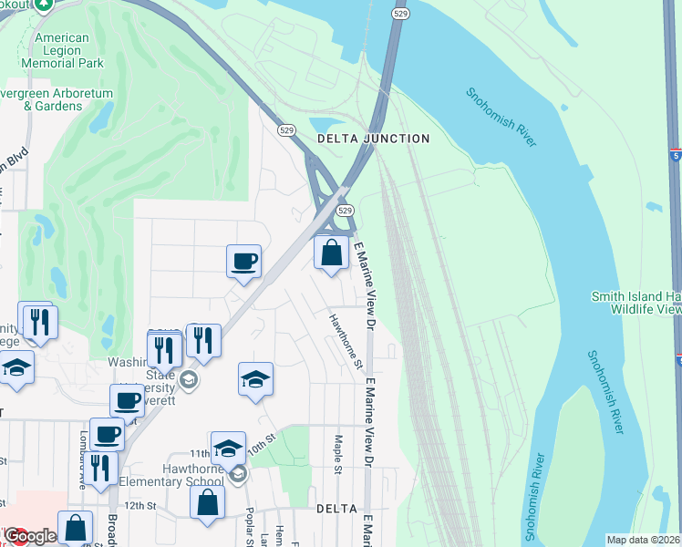 map of restaurants, bars, coffee shops, grocery stores, and more near 3048 Belmonte Lane in Everett