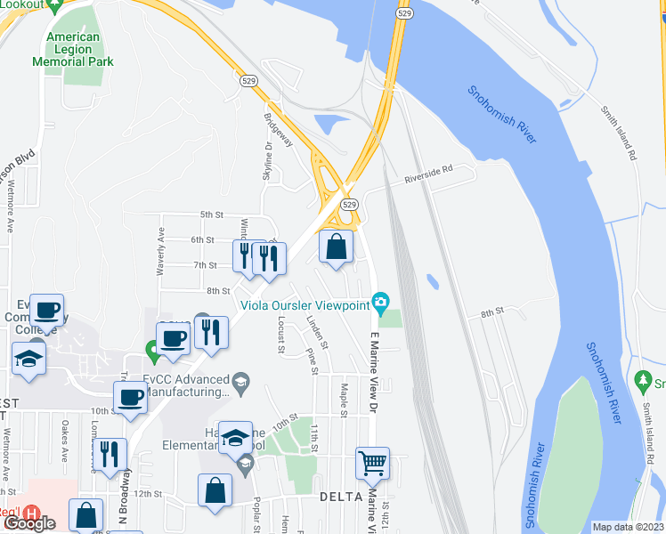 map of restaurants, bars, coffee shops, grocery stores, and more near 524 Pilchuck Path in Everett