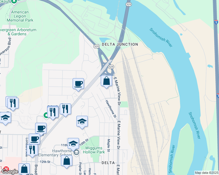 map of restaurants, bars, coffee shops, grocery stores, and more near 3048 Belmonte Lane in Everett