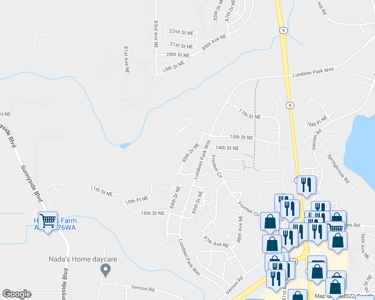 map of restaurants, bars, coffee shops, grocery stores, and more near 1318 85th Drive Northeast in Lake Stevens