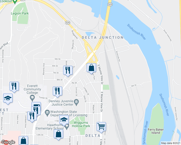 map of restaurants, bars, coffee shops, grocery stores, and more near 2916 Belmonte Lane in Everett