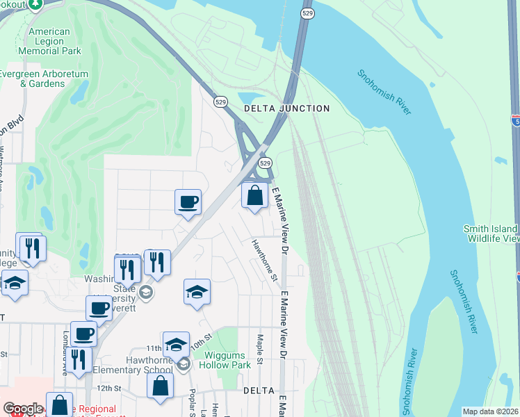 map of restaurants, bars, coffee shops, grocery stores, and more near 527 Pilchuck Path in Everett
