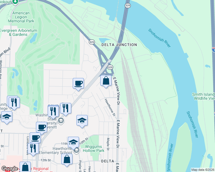 map of restaurants, bars, coffee shops, grocery stores, and more near 527 Pilchuck Path in Everett