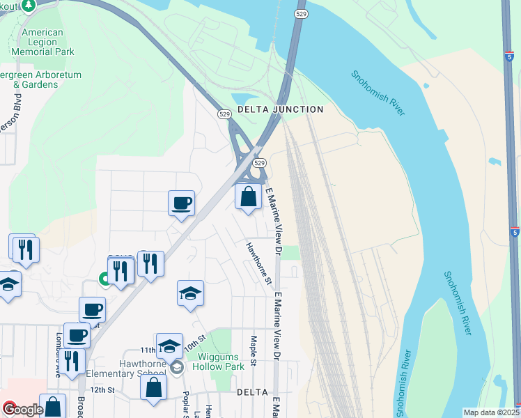 map of restaurants, bars, coffee shops, grocery stores, and more near 3048 Belmonte Lane in Everett