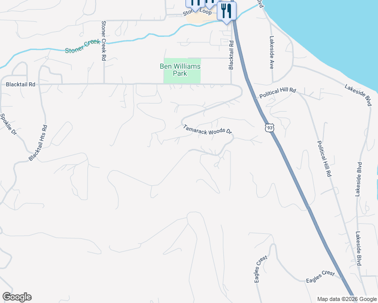 map of restaurants, bars, coffee shops, grocery stores, and more near Tamarack Woods Drive in Lakeside