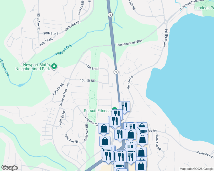map of restaurants, bars, coffee shops, grocery stores, and more near 1406 90th Drive Northeast in Lake Stevens