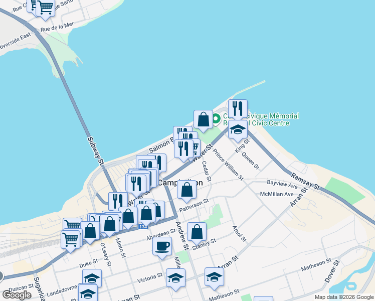map of restaurants, bars, coffee shops, grocery stores, and more near in Campbellton