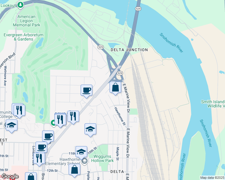 map of restaurants, bars, coffee shops, grocery stores, and more near 510 Pilchuck Path in Everett