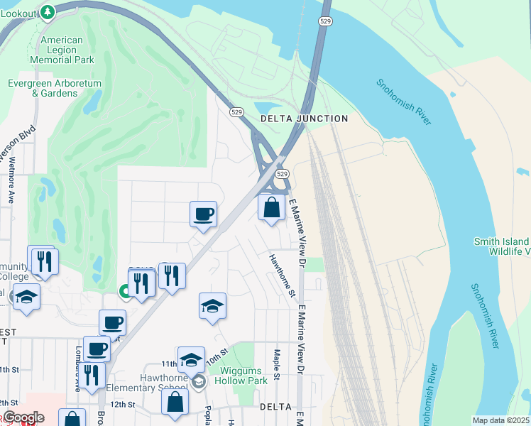 map of restaurants, bars, coffee shops, grocery stores, and more near 510 Pilchuck Path in Everett