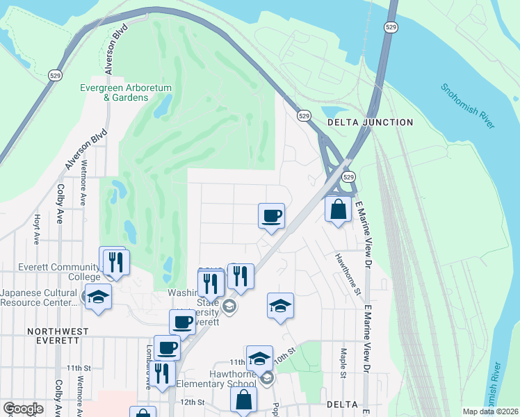 map of restaurants, bars, coffee shops, grocery stores, and more near 2503 7th Street in Everett