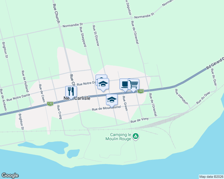 map of restaurants, bars, coffee shops, grocery stores, and more near 153 Boulevard Gérard D. Levesque in New Carlisle