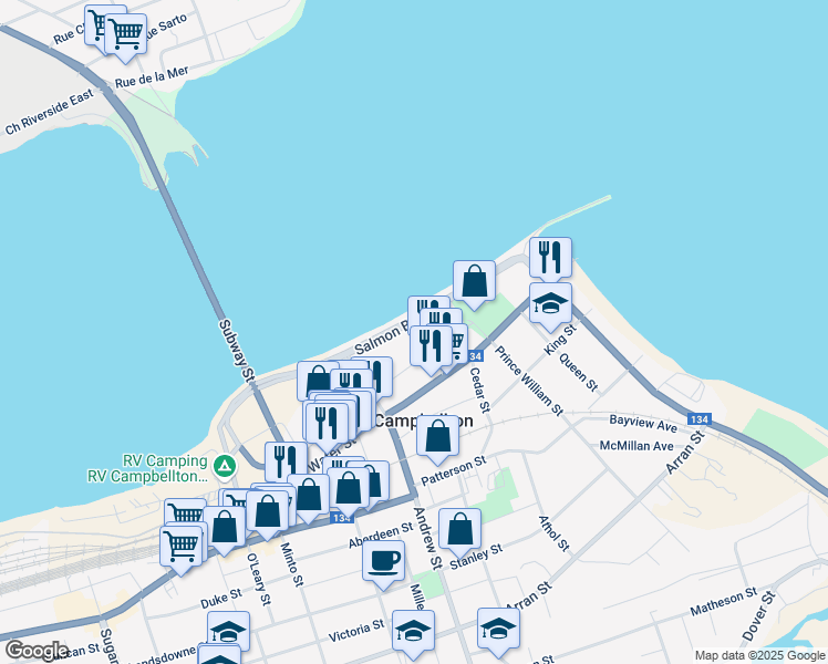 map of restaurants, bars, coffee shops, grocery stores, and more near 1 Ritchie Street in Campbellton