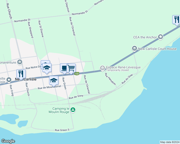 map of restaurants, bars, coffee shops, grocery stores, and more near 123 Boulevard Gérard D. Levesque in New Carlisle