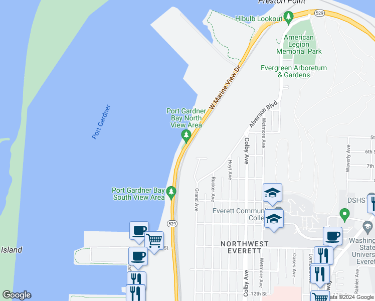 map of restaurants, bars, coffee shops, grocery stores, and more near 901 West Marine View Drive in Everett