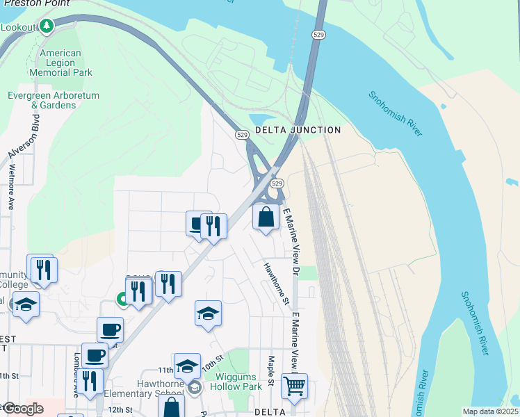 map of restaurants, bars, coffee shops, grocery stores, and more near 3001 Belmonte Lane in Everett