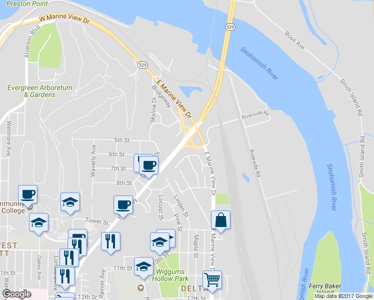 map of restaurants, bars, coffee shops, grocery stores, and more near 3001 Belmonte Lane in Everett
