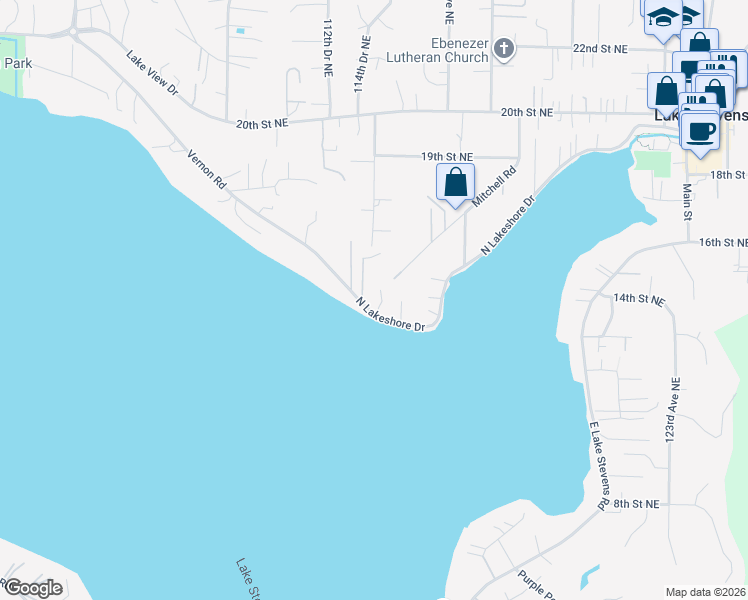 map of restaurants, bars, coffee shops, grocery stores, and more near 11403 North Lakeshore Drive in Lake Stevens