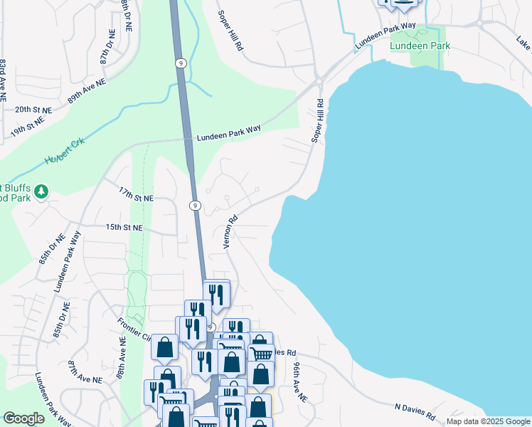 map of restaurants, bars, coffee shops, grocery stores, and more near 1603 Vernon Road in Lake Stevens