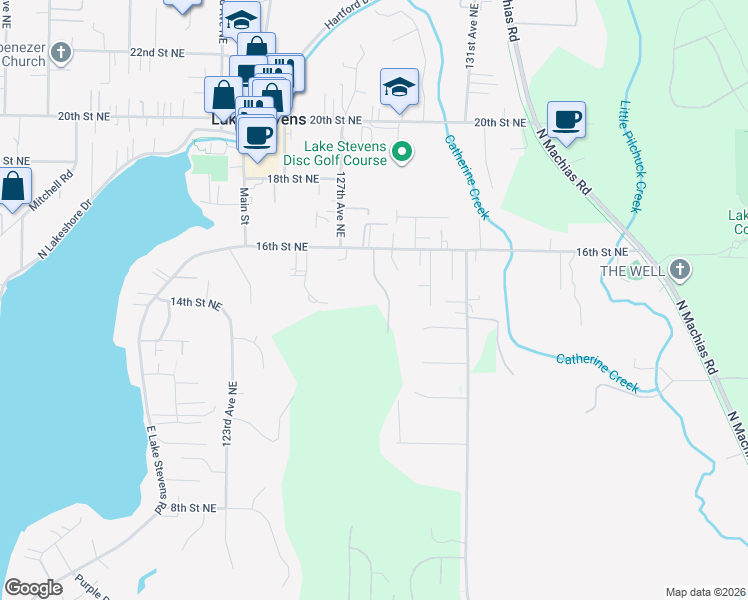 map of restaurants, bars, coffee shops, grocery stores, and more near 1414 128th Drive Northeast in Lake Stevens