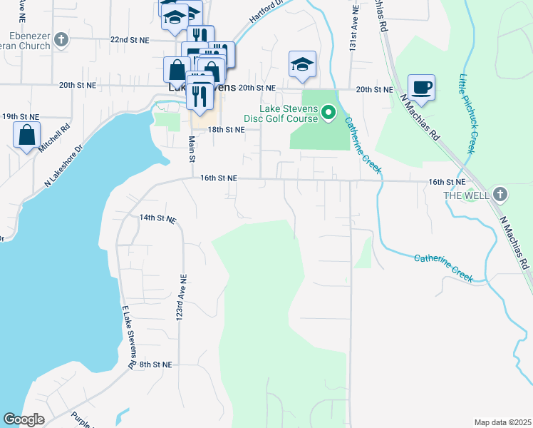 map of restaurants, bars, coffee shops, grocery stores, and more near 1522 128th Drive Northeast in Lake Stevens