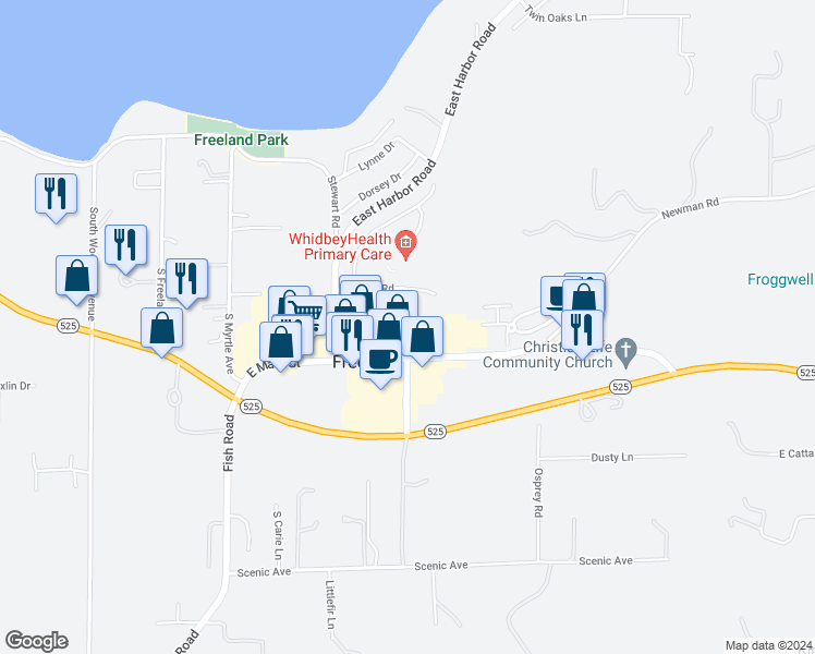 map of restaurants, bars, coffee shops, grocery stores, and more near 5575 Harbor Ave in Freeland