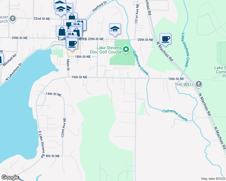 map of restaurants, bars, coffee shops, grocery stores, and more near 1515 128th Drive Northeast in Lake Stevens