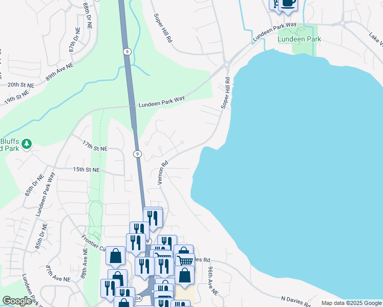 map of restaurants, bars, coffee shops, grocery stores, and more near 1603 Vernon Road in Lake Stevens