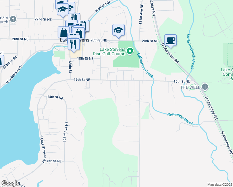 map of restaurants, bars, coffee shops, grocery stores, and more near 1515 128th Drive Northeast in Lake Stevens