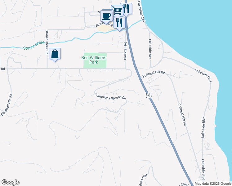 map of restaurants, bars, coffee shops, grocery stores, and more near 156-186 Lakeview Lane in Lakeside