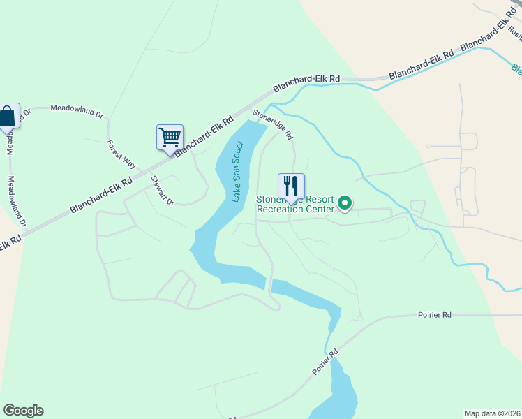 map of restaurants, bars, coffee shops, grocery stores, and more near 303 Hanaford Road in Blanchard