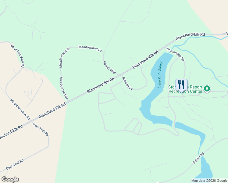 map of restaurants, bars, coffee shops, grocery stores, and more near 28 San Souci Drive in Blanchard