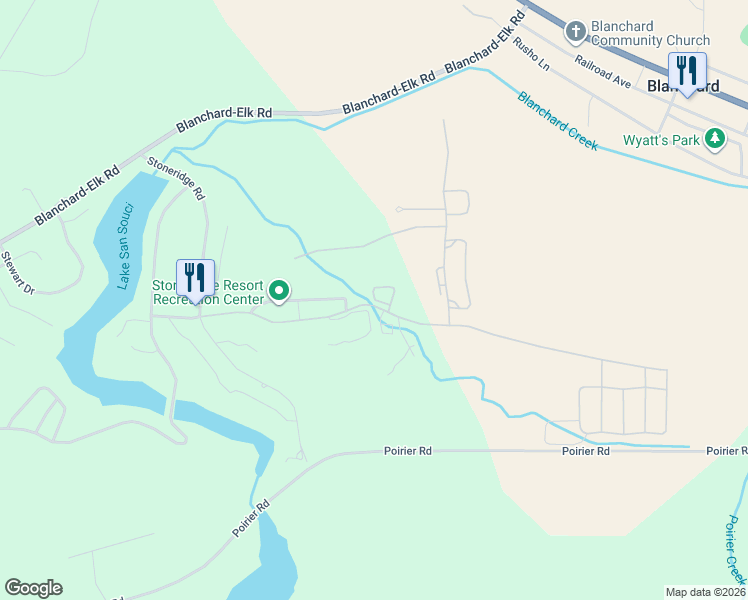 map of restaurants, bars, coffee shops, grocery stores, and more near 103 Chardonnay Drive in Blanchard